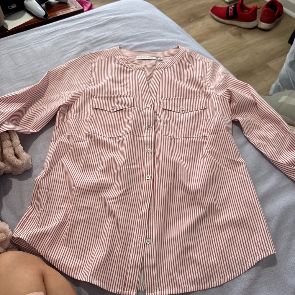 Notations Pink and White Striped Popover Blouse